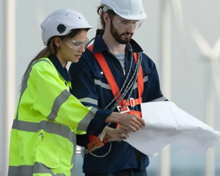 Das Bild zeigt zwei VERBUND-Mitarbeiter:innen bei einem Windpark in Schutzkleidung.