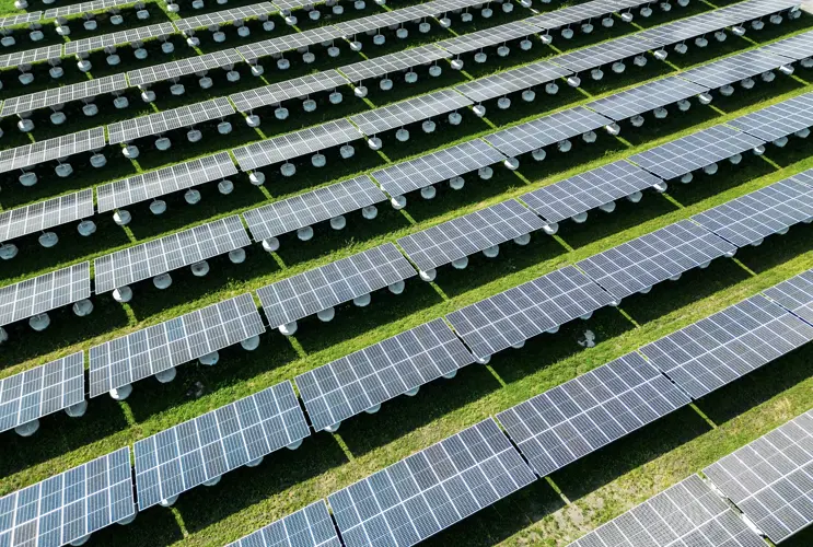 Das Bild zeigt zahlreiche Photovoltaik-Panels auf grünem Rasen.