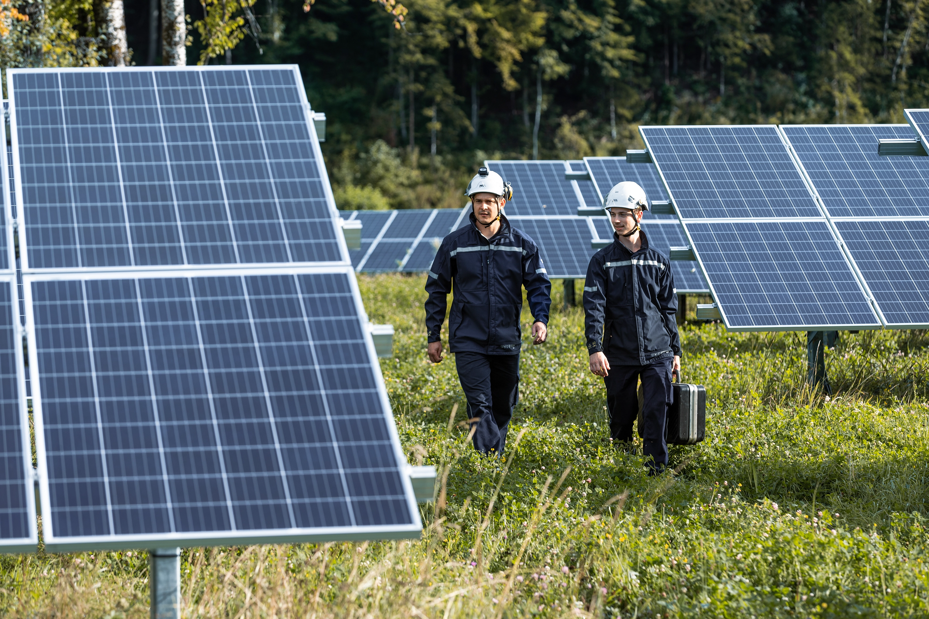 Zwei VERBUND-Mitarbeiter inspizieren eine Photovoltaik-Anlage im Grünen.