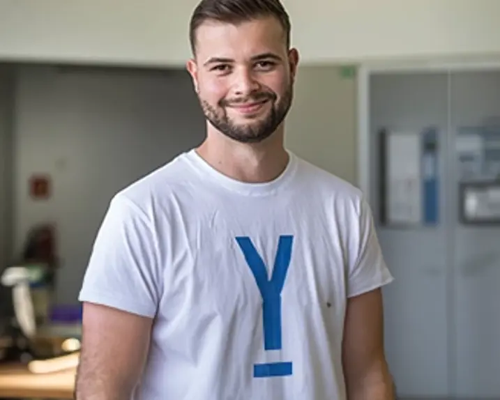 Tobias Fleckinger trägt ein weißes VERBUND-T-Shirt und ein Lächeln.