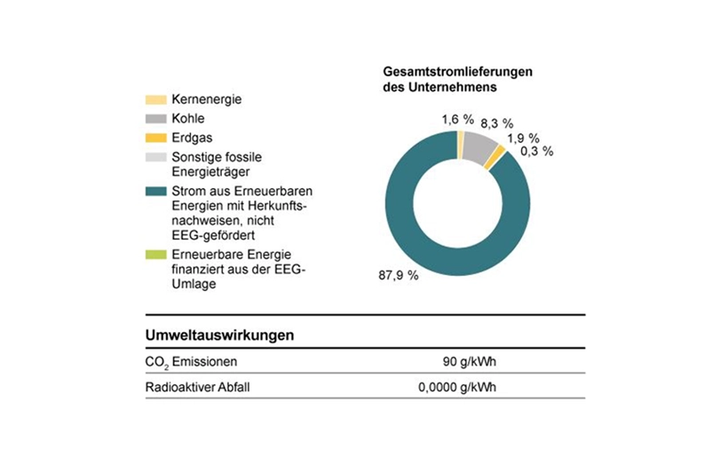 Die Grafik im Bereich der Stromkennzeichnung zeigt die Gesamtstromlieferungen des Unternehmens: Hervorzuheben sind die 87,9 Prozent des Stroms, der aus erneuerbaren Energien mit Herkunftsnachweisen (nicht EEG gefördert) stammt.