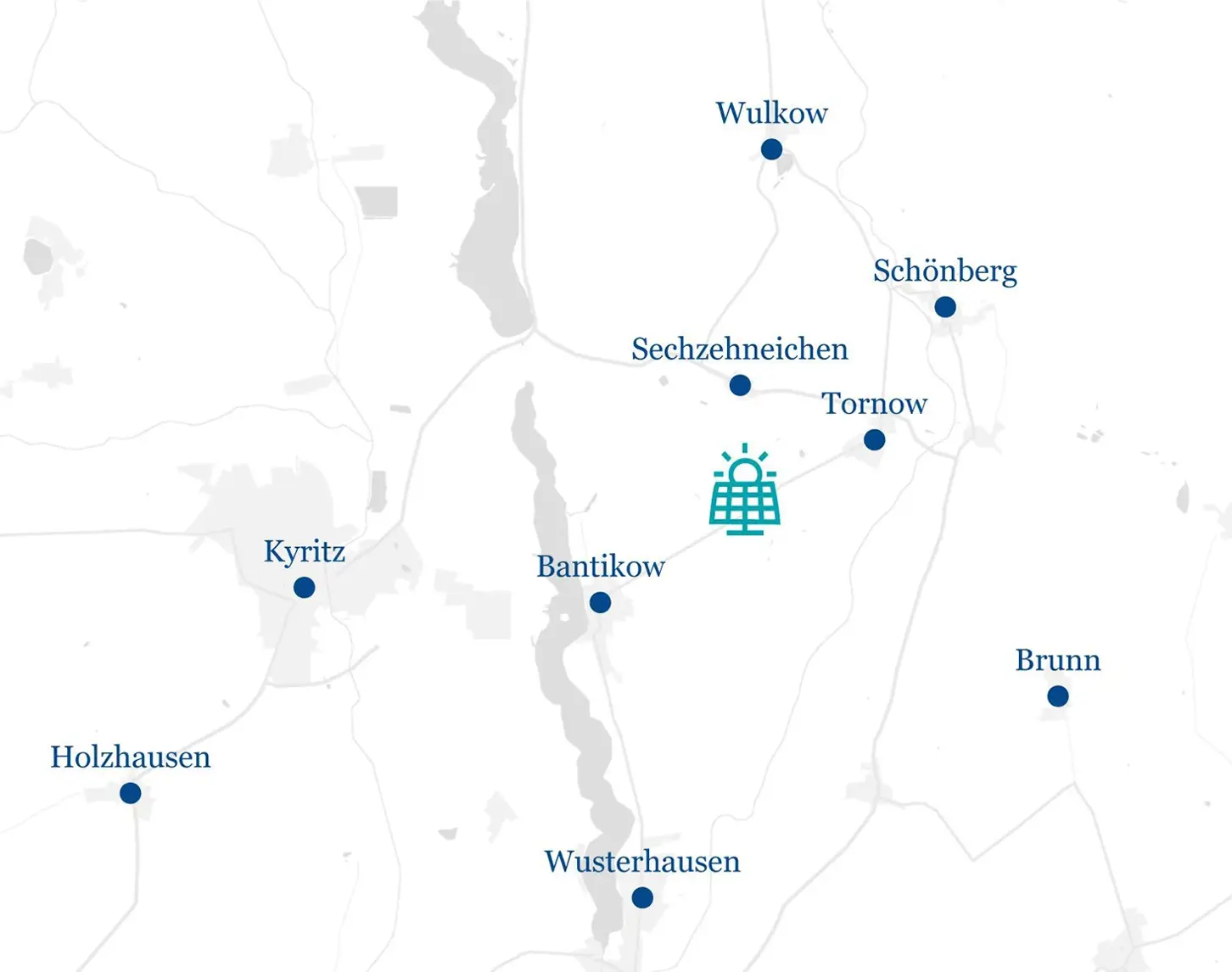 Die Skizze zeigt in blaue, weiß und grau das Projektgebiet rund um das Photovoltaik-Projekt im Bantikow in sehr reduzierter Form.