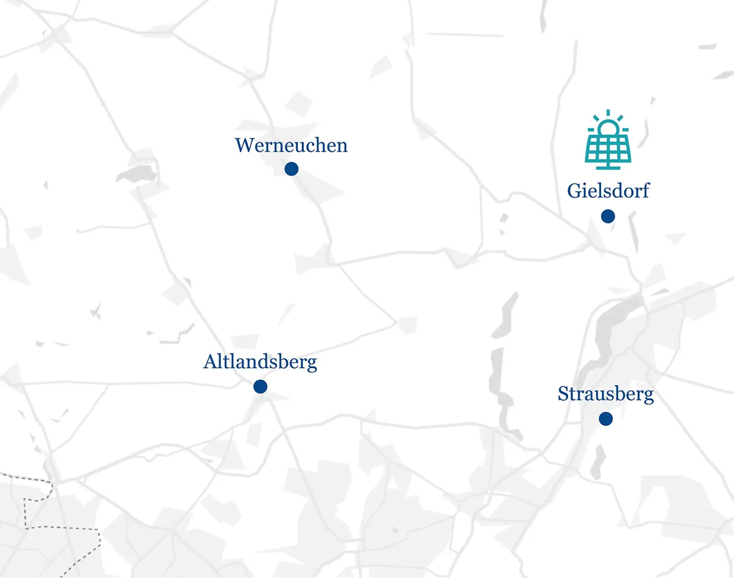 Die Skizze zeigt in blaue, weiß und grau das Projektgebiet rund um das Photovoltaik-Projekt im Gielsdorf in sehr reduzierter Form.